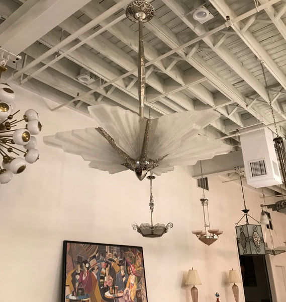 Grand French Art Deco Six-Panel Starburst Chandelier by Sabino