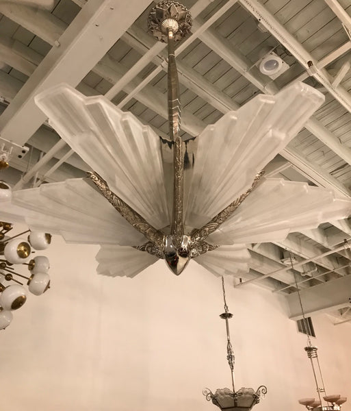 Grand French Art Deco Six-Panel Starburst Chandelier by Sabino