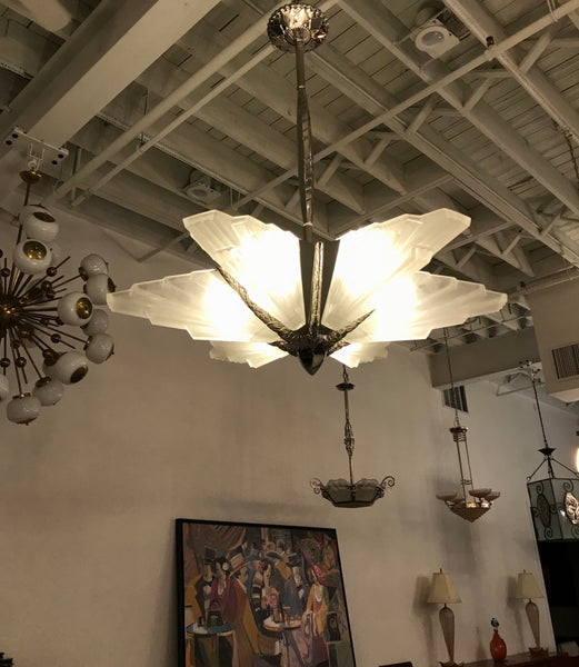 Grand French Art Deco Six-Panel Starburst Chandelier by Sabino