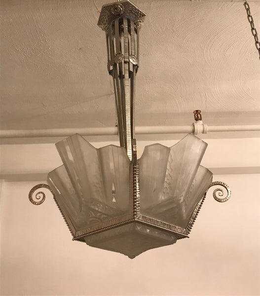 French Art Deco Geometric Chandelier Signed by Muller Freres Luneville