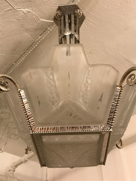French Art Deco Geometric Chandelier Signed by Muller Freres Luneville