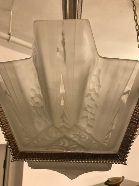 French Art Deco Geometric Chandelier Signed by Muller Freres Luneville