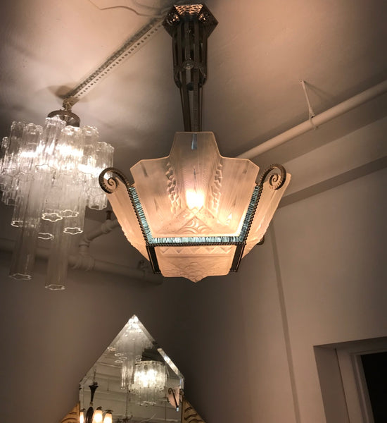 French Art Deco Geometric Chandelier Signed by Muller Freres Luneville