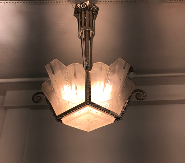 French Art Deco Geometric Chandelier Signed by Muller Freres Luneville
