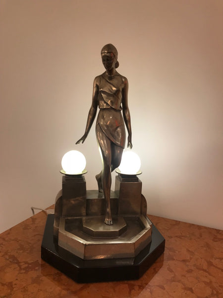 Art Deco Female Bronze Table Lamp Signed by Fayral