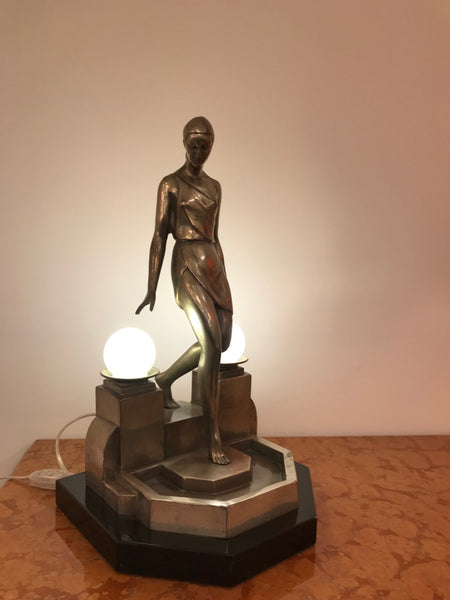 Art Deco Female Bronze Table Lamp Signed by Fayral