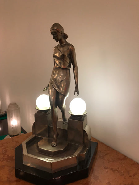 Art Deco Female Bronze Table Lamp Signed by Fayral