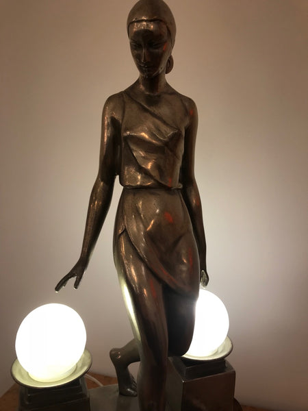 Art Deco Female Bronze Table Lamp Signed by Fayral