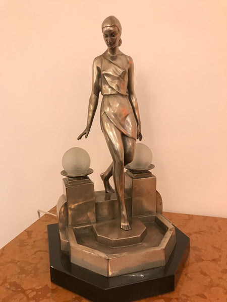 Art Deco Female Bronze Table Lamp Signed by Fayral