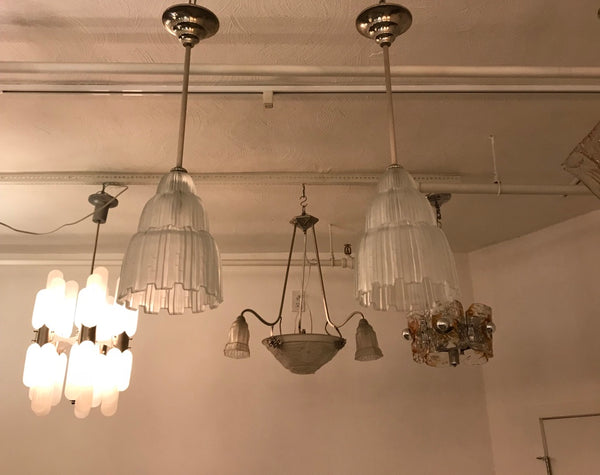 Pair of French Art Deco Waterfall Chandeliers Signed by Sabino