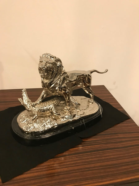 Nickel Bronze Sculpture of Lion Crushing Alligator by Paul Edouard Delabrierre