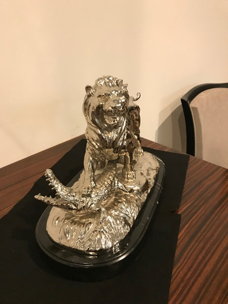 Nickel Bronze Sculpture of Lion Crushing Alligator by Paul Edouard Delabrierre