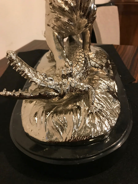 Nickel Bronze Sculpture of Lion Crushing Alligator by Paul Edouard Delabrierre