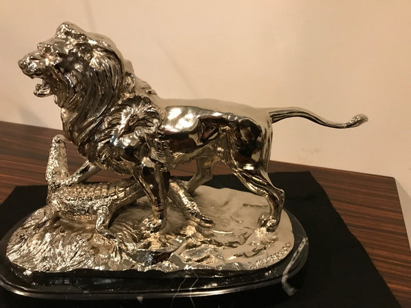 Nickel Bronze Sculpture of Lion Crushing Alligator by Paul Edouard Delabrierre