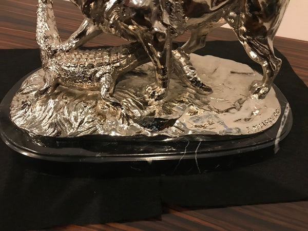 Nickel Bronze Sculpture of Lion Crushing Alligator by Paul Edouard Delabrierre