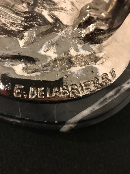 Nickel Bronze Sculpture of Lion Crushing Alligator by Paul Edouard Delabrierre