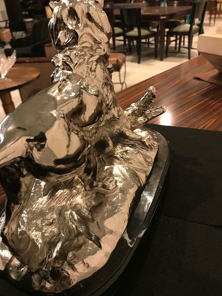 Nickel Bronze Sculpture of Lion Crushing Alligator by Paul Edouard Delabrierre