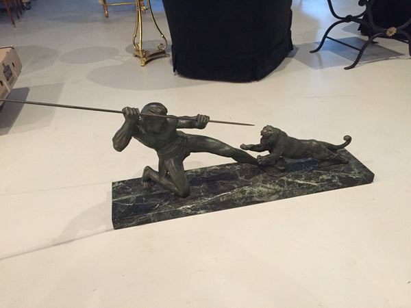 Grand French Art Deco Hunter and Tiger Sculpture Signed