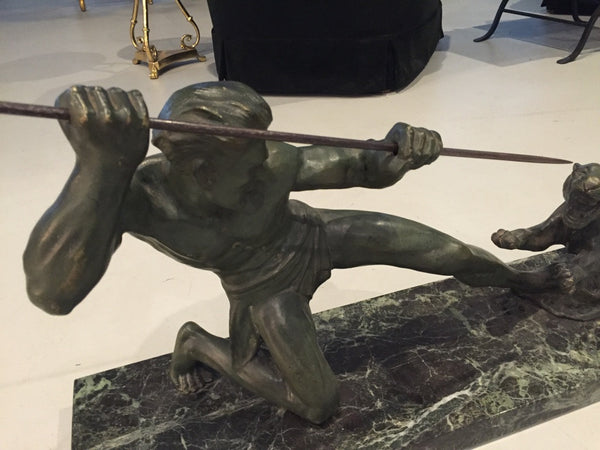 Grand French Art Deco Hunter and Tiger Sculpture Signed