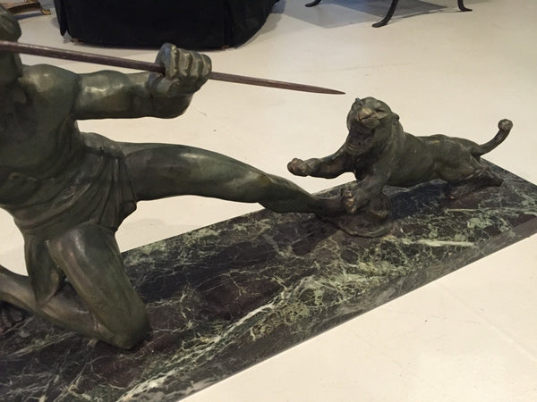 Grand French Art Deco Hunter and Tiger Sculpture Signed