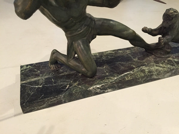 Grand French Art Deco Hunter and Tiger Sculpture Signed
