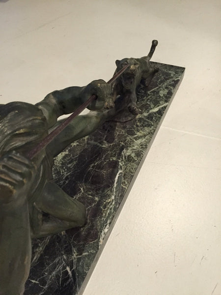 Grand French Art Deco Hunter and Tiger Sculpture Signed