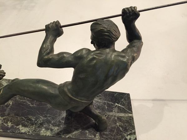 Grand French Art Deco Hunter and Tiger Sculpture Signed