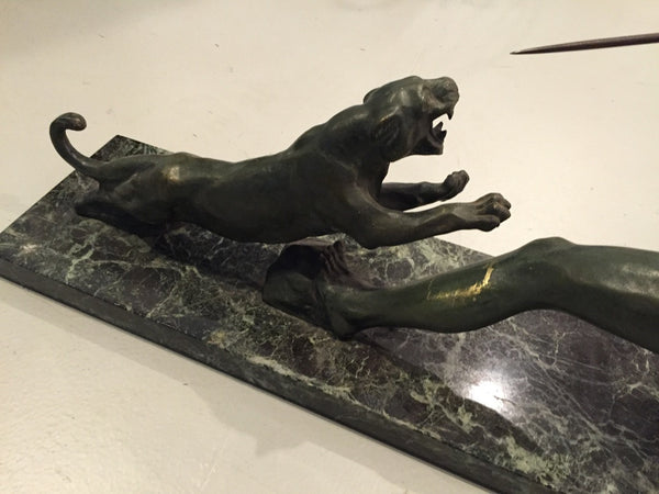 Grand French Art Deco Hunter and Tiger Sculpture Signed