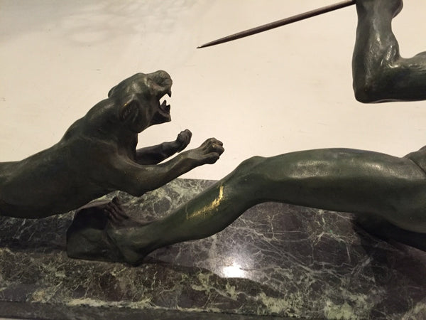 Grand French Art Deco Hunter and Tiger Sculpture Signed