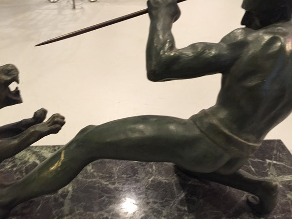 Grand French Art Deco Hunter and Tiger Sculpture Signed