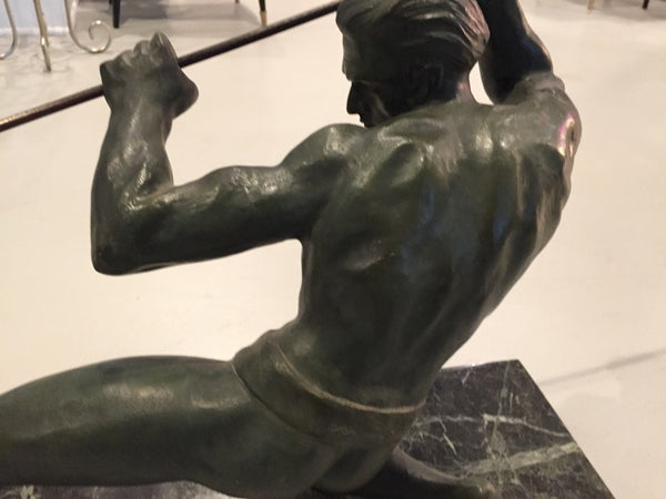 Grand French Art Deco Hunter and Tiger Sculpture Signed