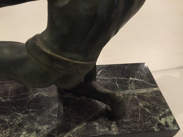 Grand French Art Deco Hunter and Tiger Sculpture Signed