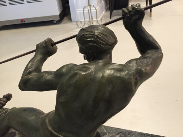 Grand French Art Deco Hunter and Tiger Sculpture Signed