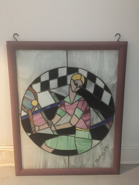 Signed Art Deco Stained Glass of Women Playing Tennis