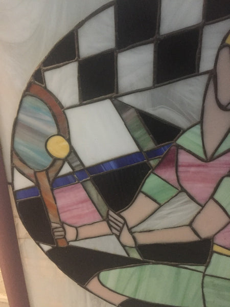 Signed Art Deco Stained Glass of Women Playing Tennis