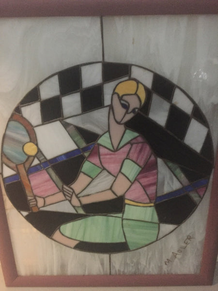 Signed Art Deco Stained Glass of Women Playing Tennis