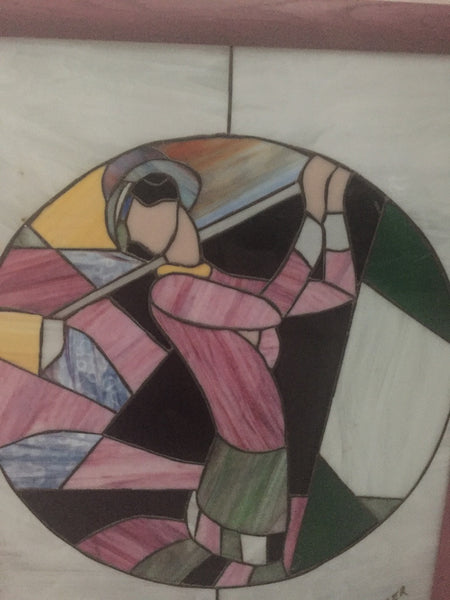 Signed Art Deco Stained Glass Woman Golfer