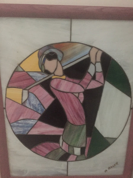 Signed Art Deco Stained Glass Woman Golfer