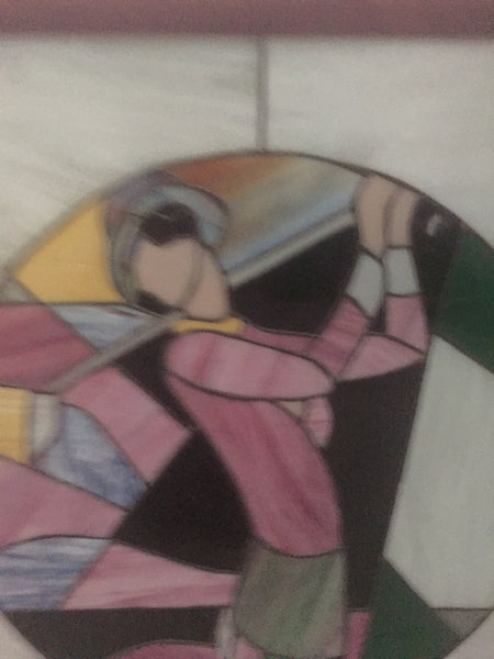 Signed Art Deco Stained Glass Woman Golfer