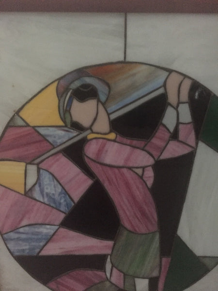 Signed Art Deco Stained Glass Woman Golfer