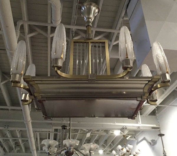 French Art Deco Brass and Nickel Chandelier