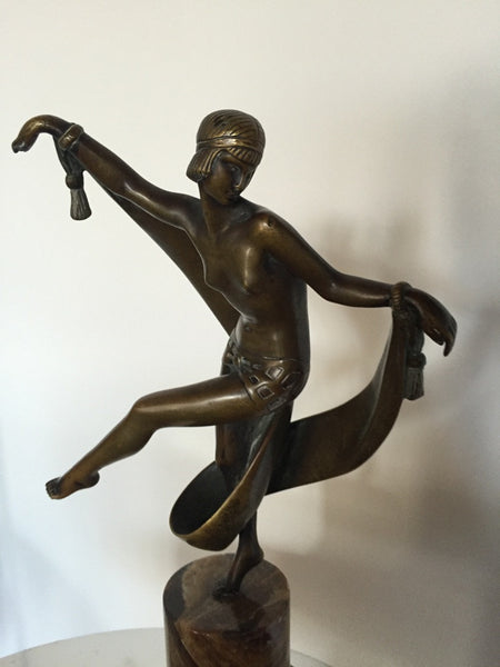 Original Art Deco Nude Scarf Dancer Bronze Signed Fanny Rozet, circa 1920