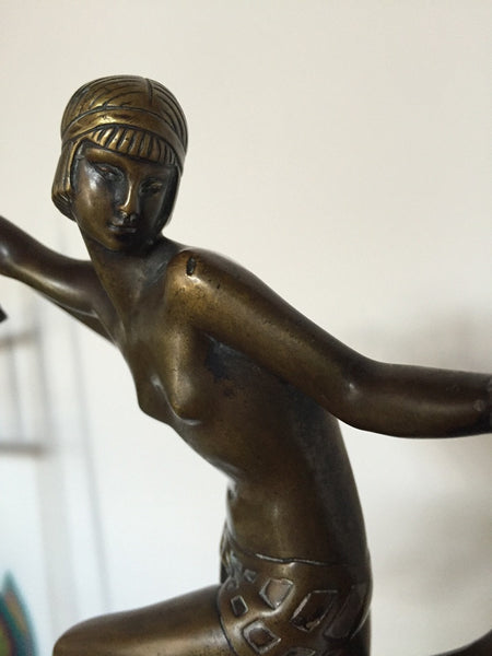 Original Art Deco Nude Scarf Dancer Bronze Signed Fanny Rozet, circa 1920