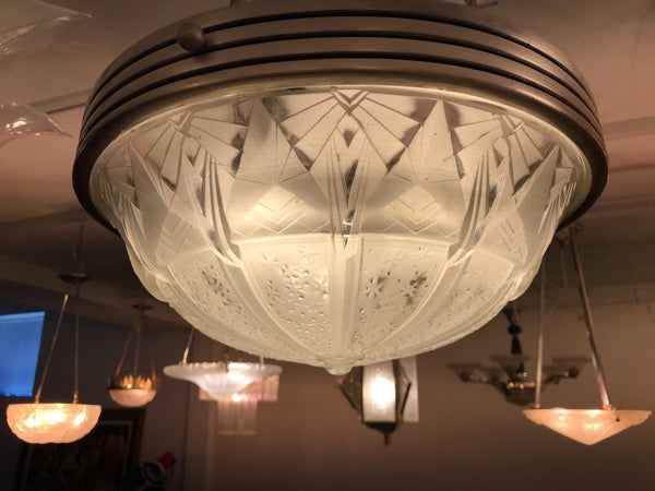 French Art Deco Geometric Chandelier Signed by Muller Frères Luneville
