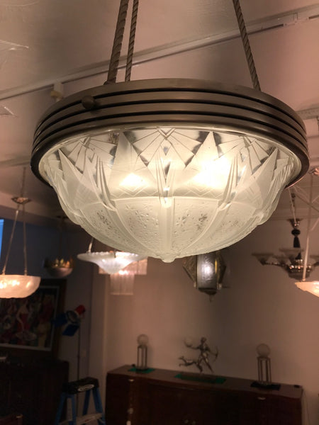 French Art Deco Geometric Chandelier Signed by Muller Frères Luneville