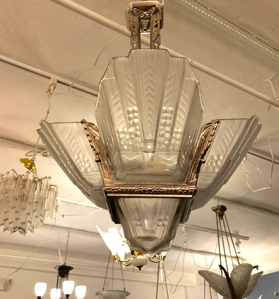 Beautiful French Art Deco Geometric Chandelier Signed by E.J.G
