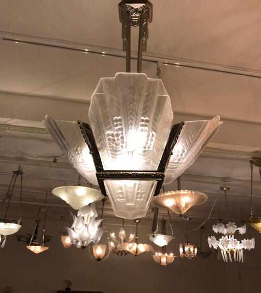 Beautiful French Art Deco Geometric Chandelier Signed by E.J.G