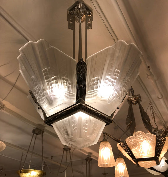 Beautiful French Art Deco Geometric Chandelier Signed by E.J.G