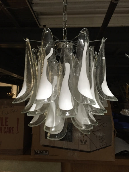 Italian Mid-Century White Feather Glass Chandelier by Mazzega