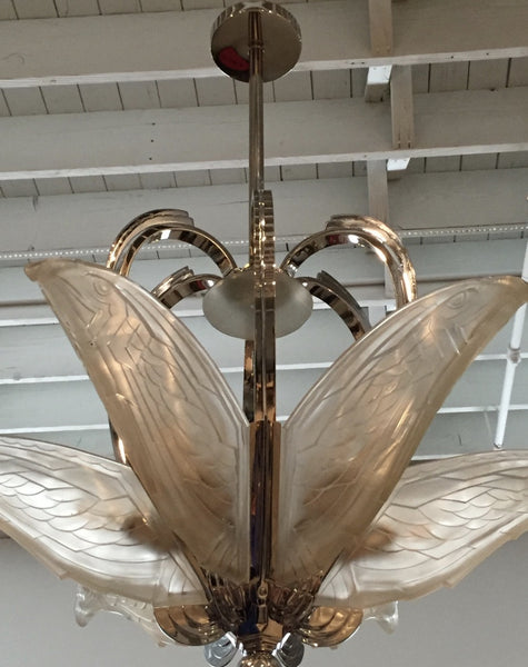 French Art Deco Chandelier with Geometric Flying Bird Motif by P. Maynadier